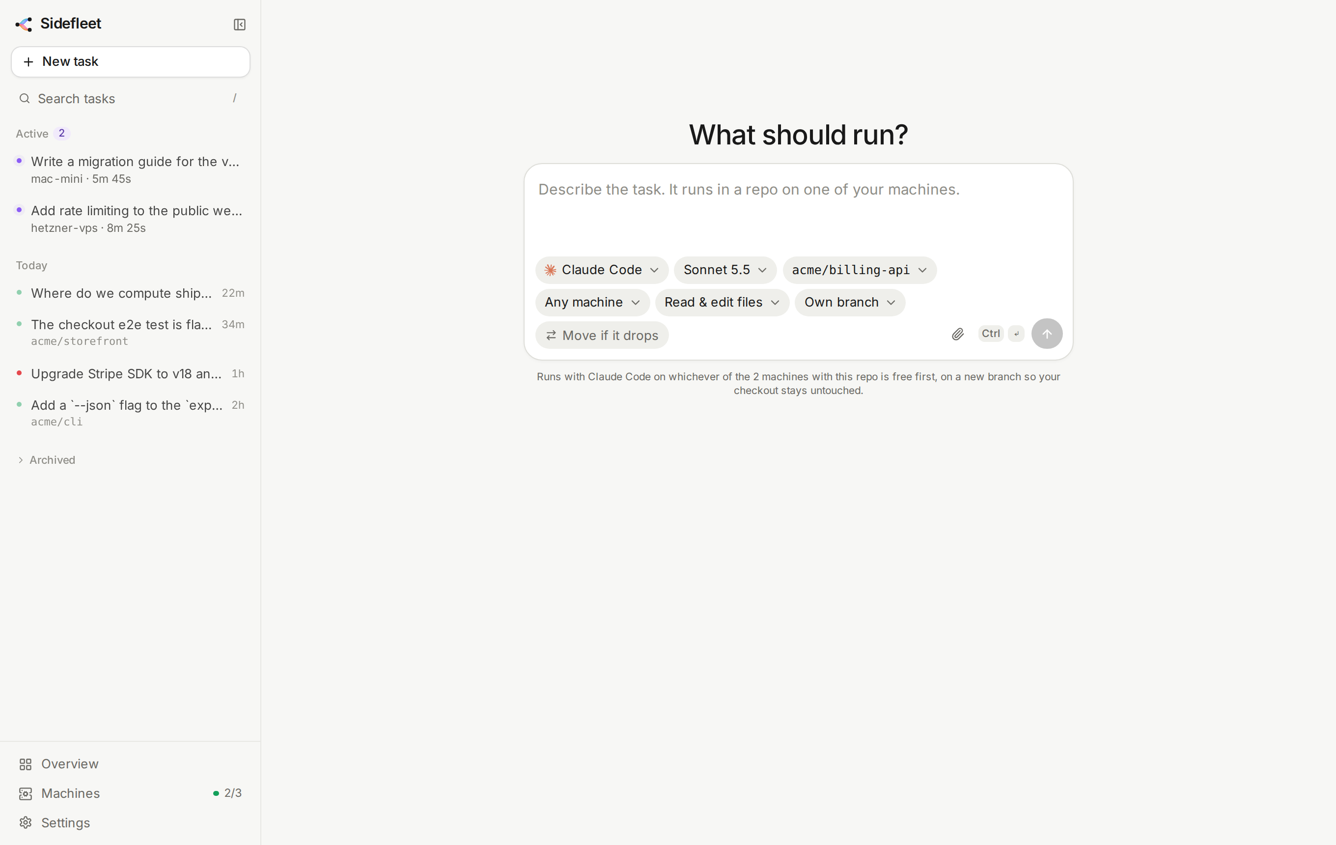 The task box, with running and recent tasks in the sidebar